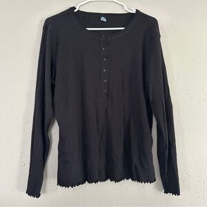 Old Navy Black Ribbed Scalloped Trim Long Sleeve Blouse Neutral Casual Comfy XL